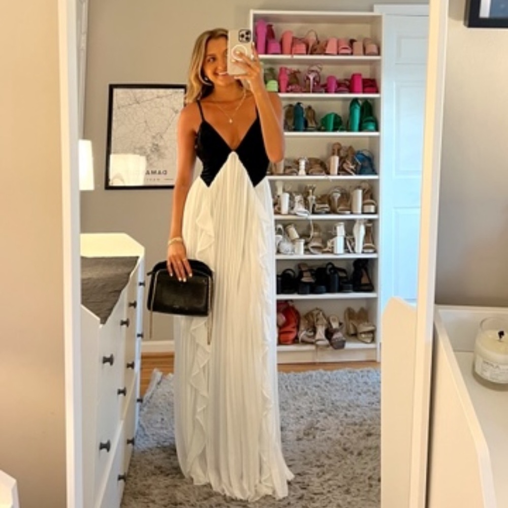 Lulu's Black and White V-Neck Ruffle Maxi Dress
